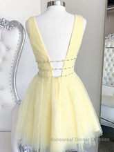 A Line V Neck Short Yellow Semi Formal Prom Dresses, Short V Neck Yellow Formal Homecoming Dresses